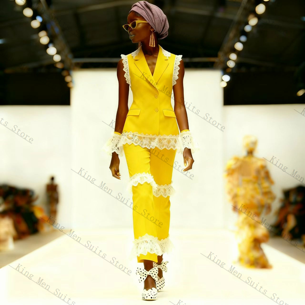 イエローホワイトレース女性スーツセット 2 個ベスト + パ - Yellow Formal Wear Women のレビューと価格