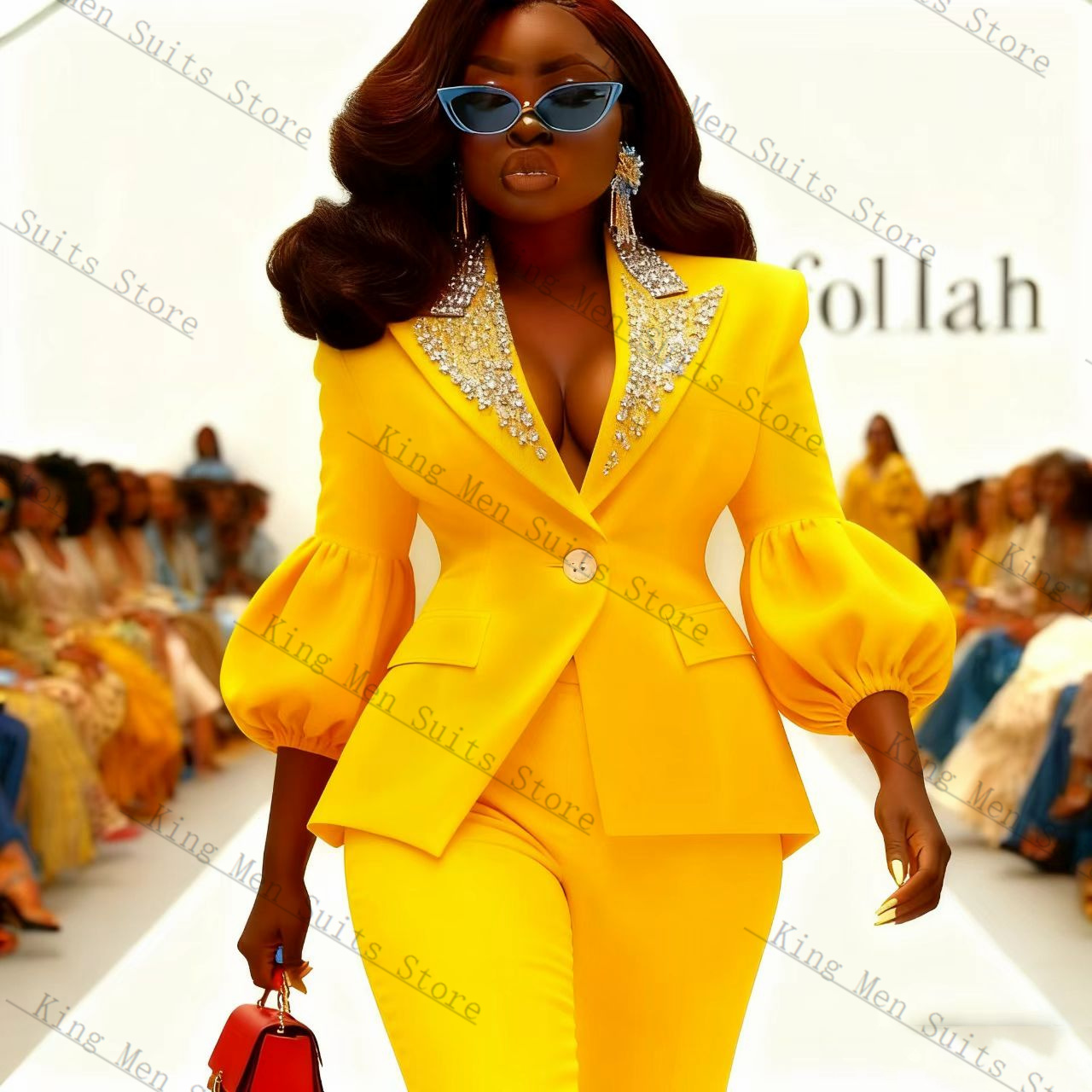 クリスタルイエロー女性スーツセット 2 個ブレザー + パン - Yellow Formal Wear Women のレビューと価格