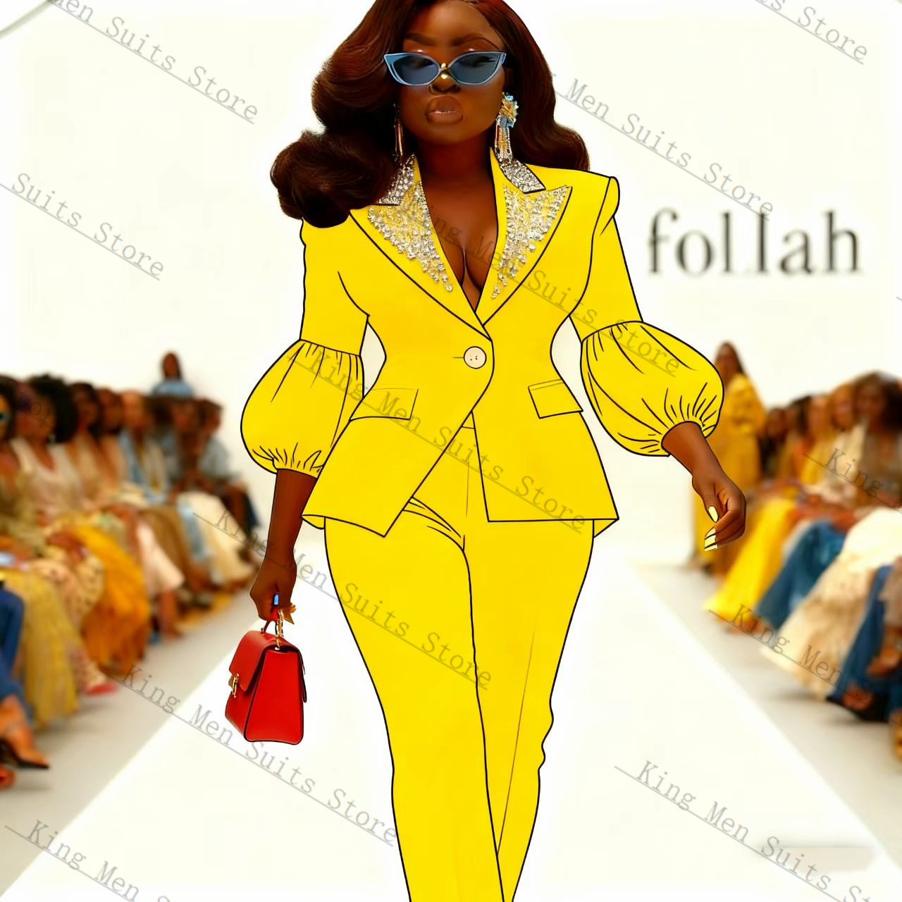 クリスタルイエロー女性スーツセット 2 個ブレザー + パン - Yellow Formal Wear Women のレビューと価格