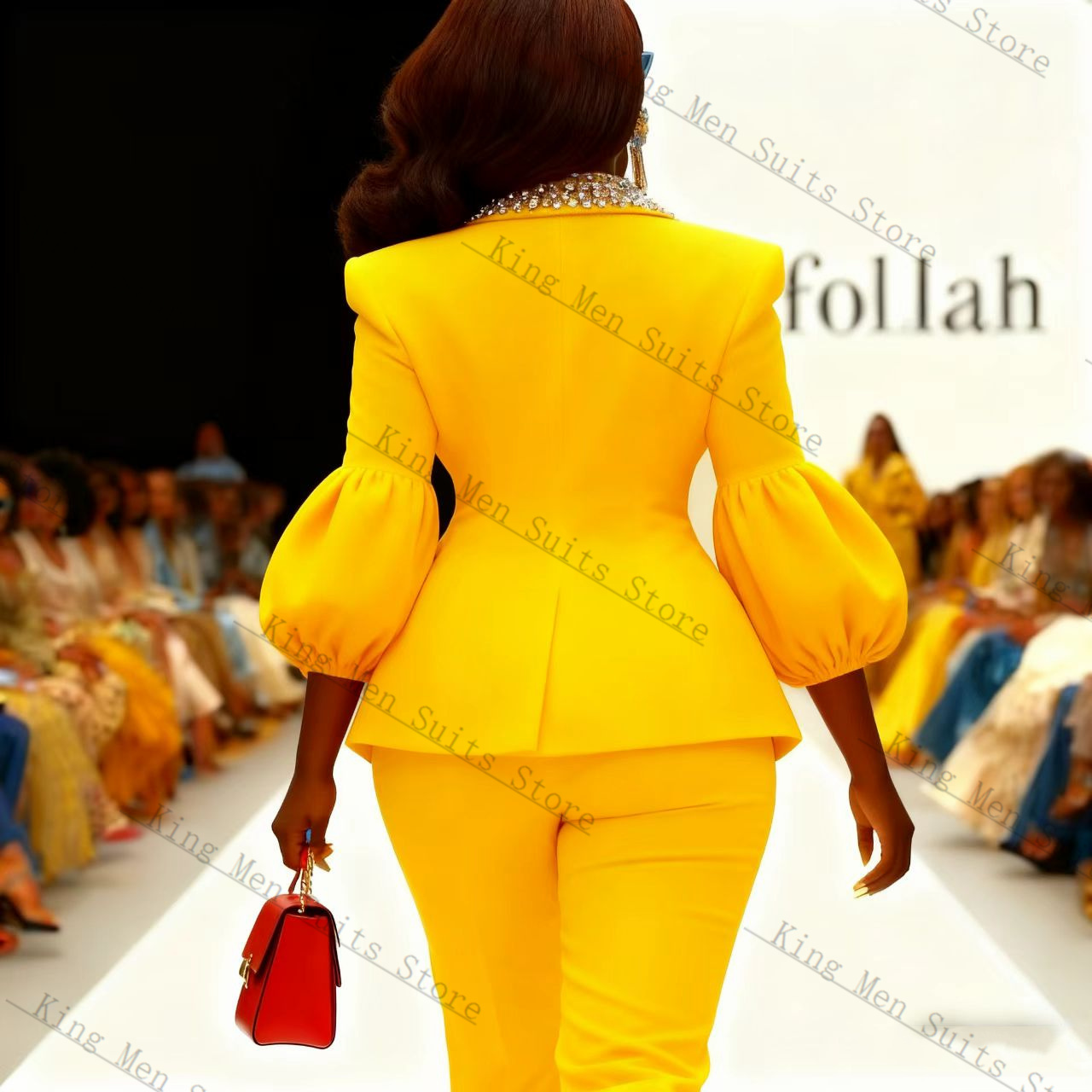 クリスタルイエロー女性スーツセット 2 個ブレザー + パン - Yellow Formal Wear Women のレビューと価格