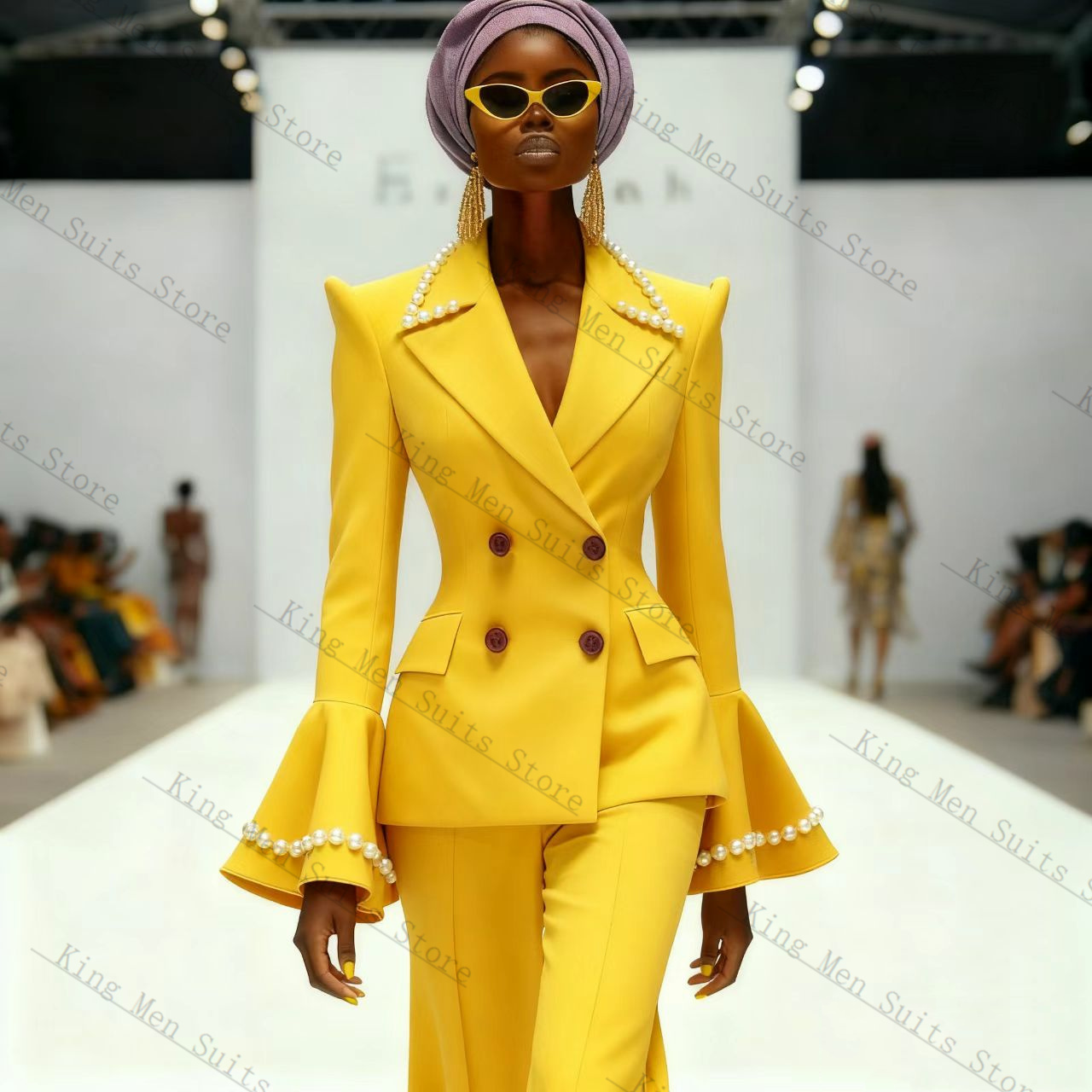 真珠イエロー女性スーツセット 2 個ブレザー + パンツフレ - Yellow Formal Wear Women のレビューと価格