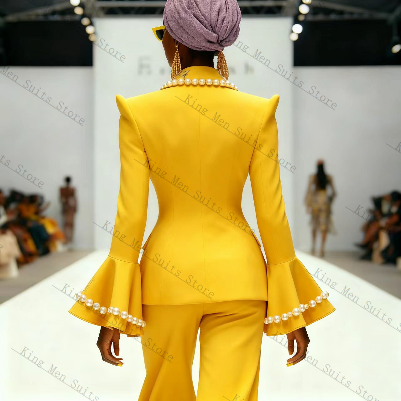 真珠イエロー女性スーツセット 2 個ブレザー + パンツフレ - Yellow Formal Wear Women のレビューと価格