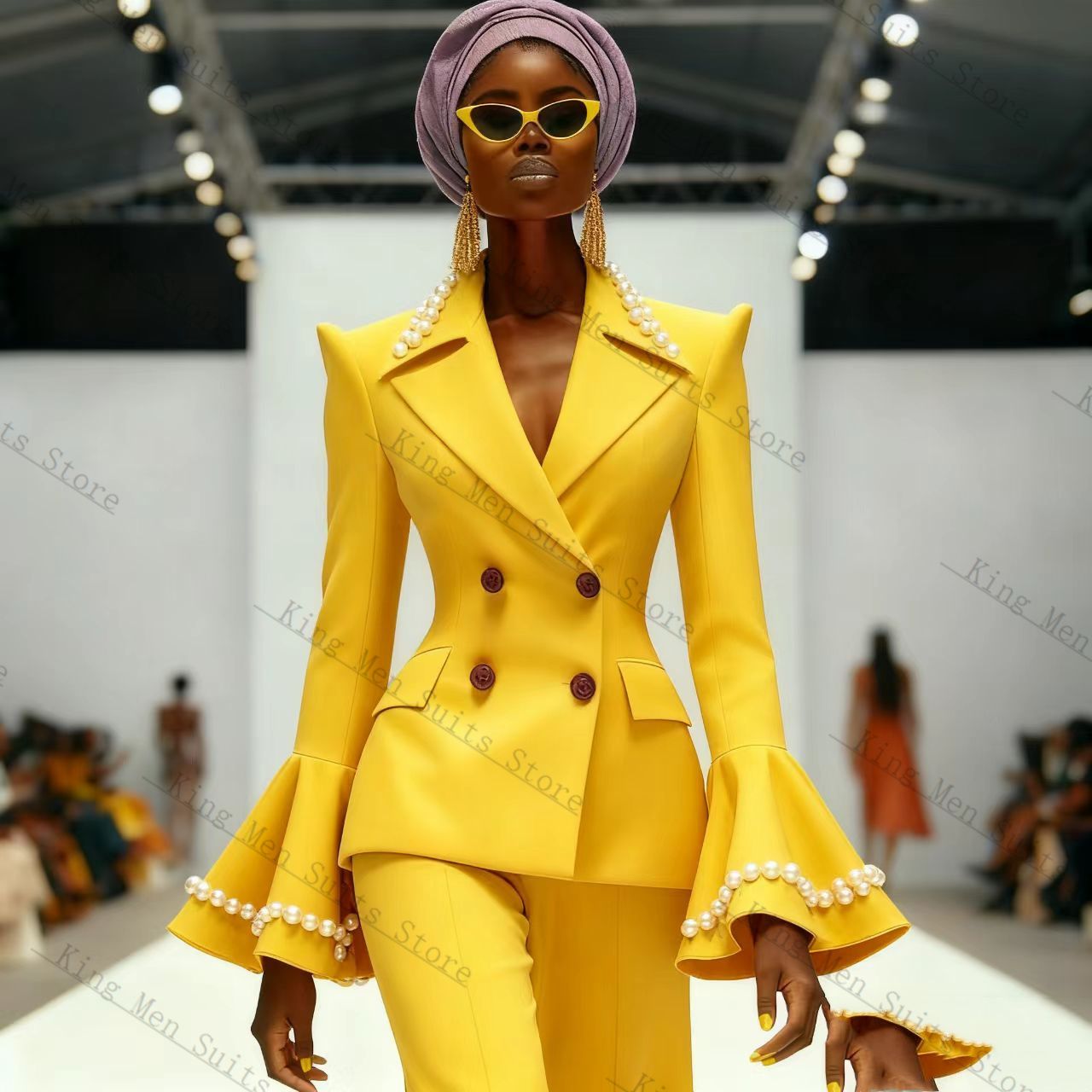 真珠イエロー女性スーツセット 2 個ブレザー + パンツフレ - Yellow Formal Wear Women のレビューと価格