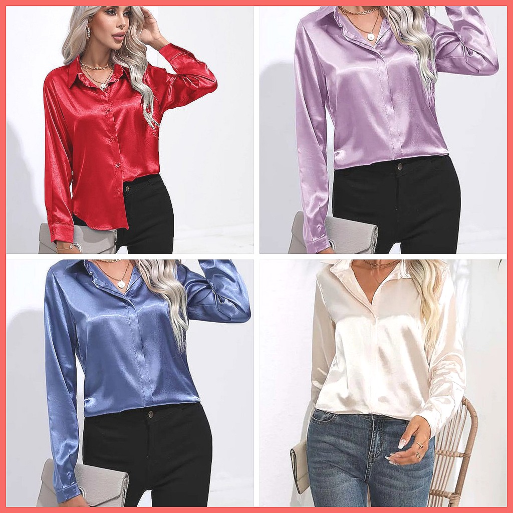 2025年春夏 サテンシャツ レディース Vネック 長袖 シ - Silk Blouse Button のレビューと価格