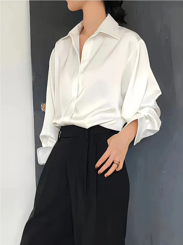 プラスサイズカジュアル女性シルクシャツ 2025 新ファッシ - Silk Blouse Button のレビューと価格
