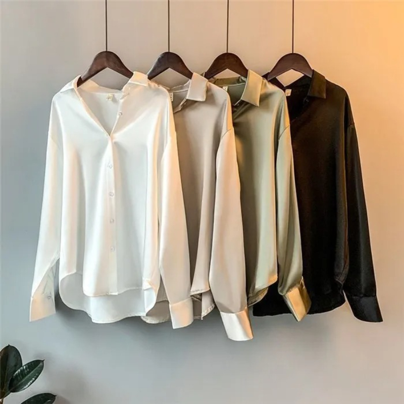 2026 エレガントサテンルーズ女性用シャツ 春 ターンダウ - Silk Blouse Button のレビューと価格
