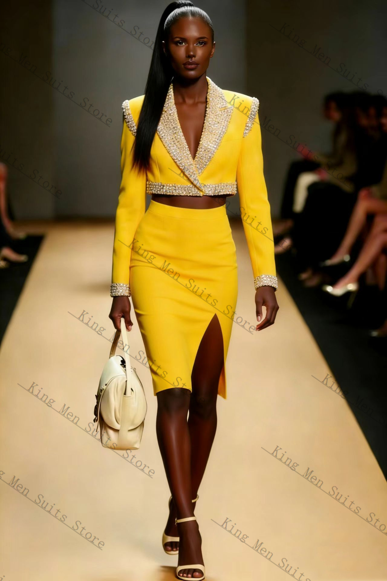 イエロークリスタル女性スーツスカートセット 2 個ブレザー  - Yellow Formal Wear Women のレビューと価格