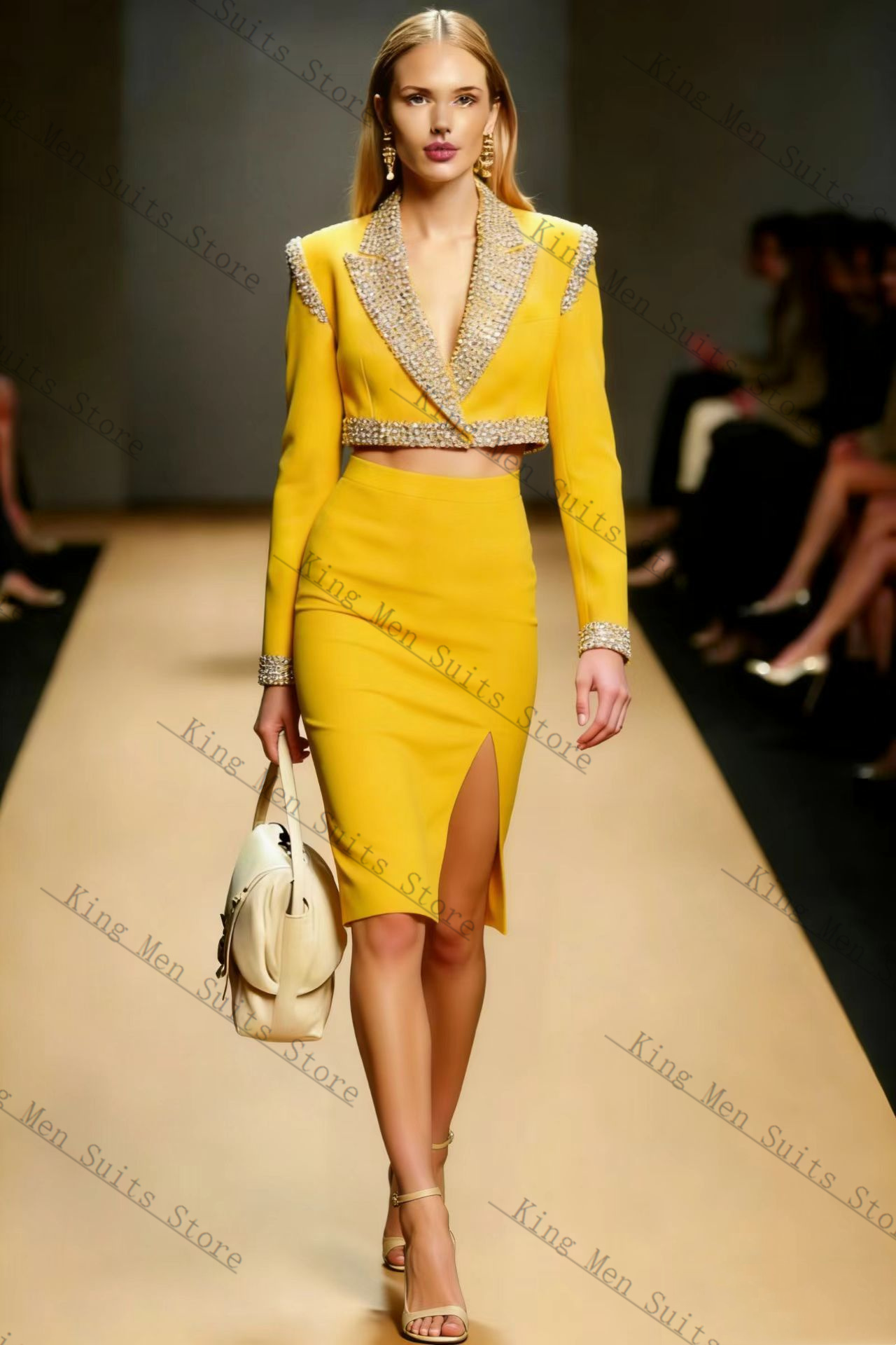 イエロークリスタル女性スーツスカートセット 2 個ブレザー  - Yellow Formal Wear Women のレビューと価格