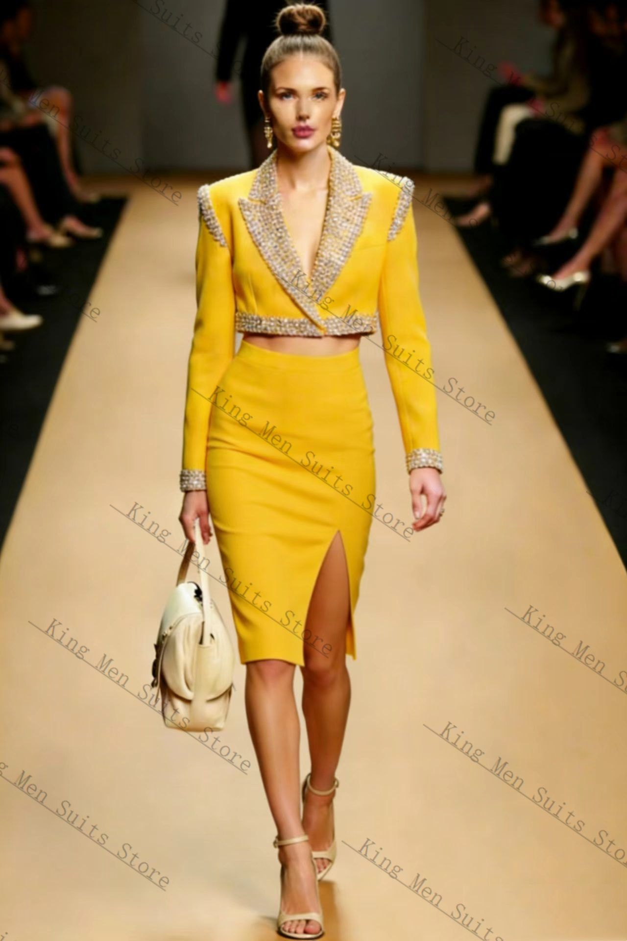 イエロークリスタル女性スーツスカートセット 2 個ブレザー  - Yellow Formal Wear Women のレビューと価格