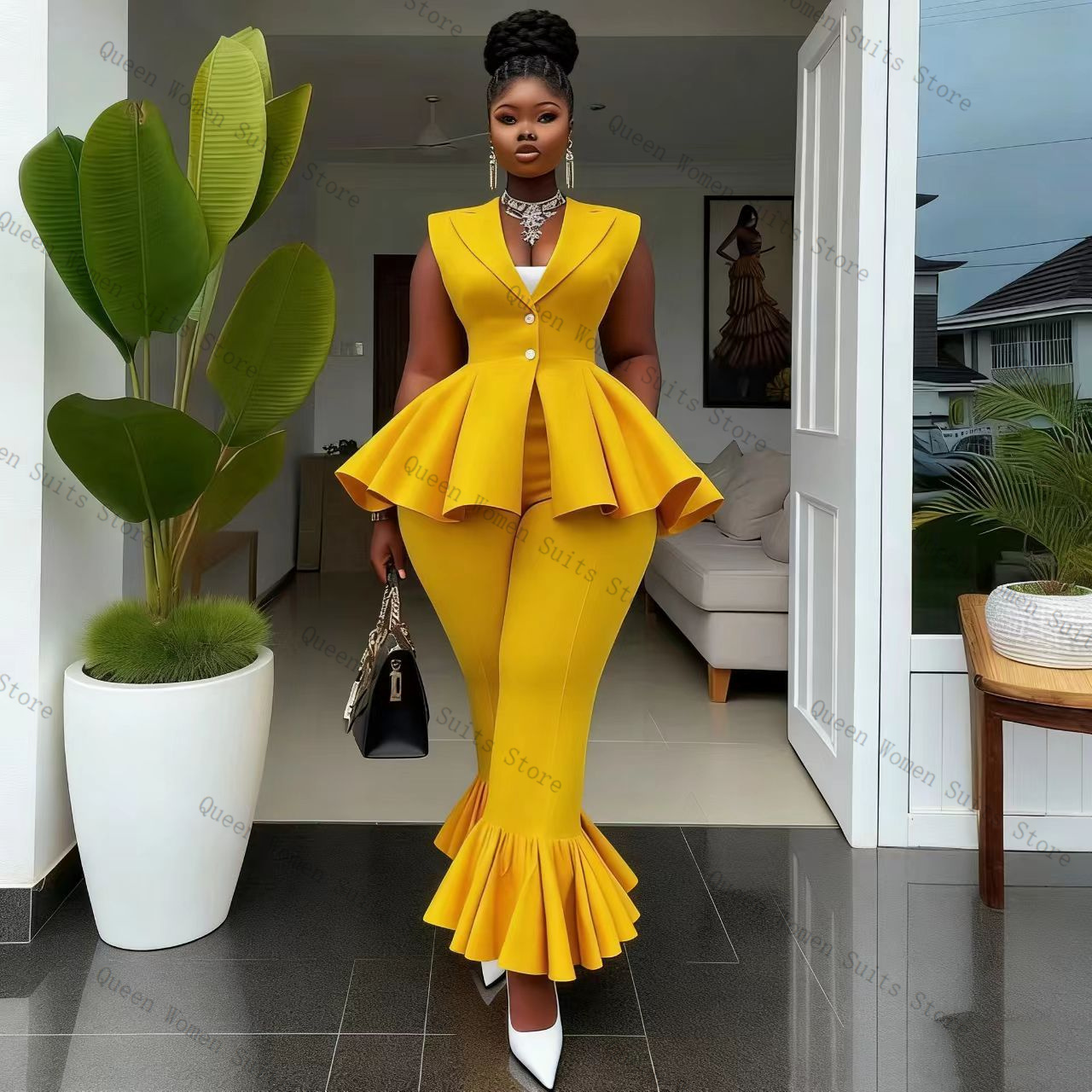 黄色の女性スーツパンツセット 2 個ベスト + パンツ綿プロ - Yellow Formal Wear Women のレビューと価格