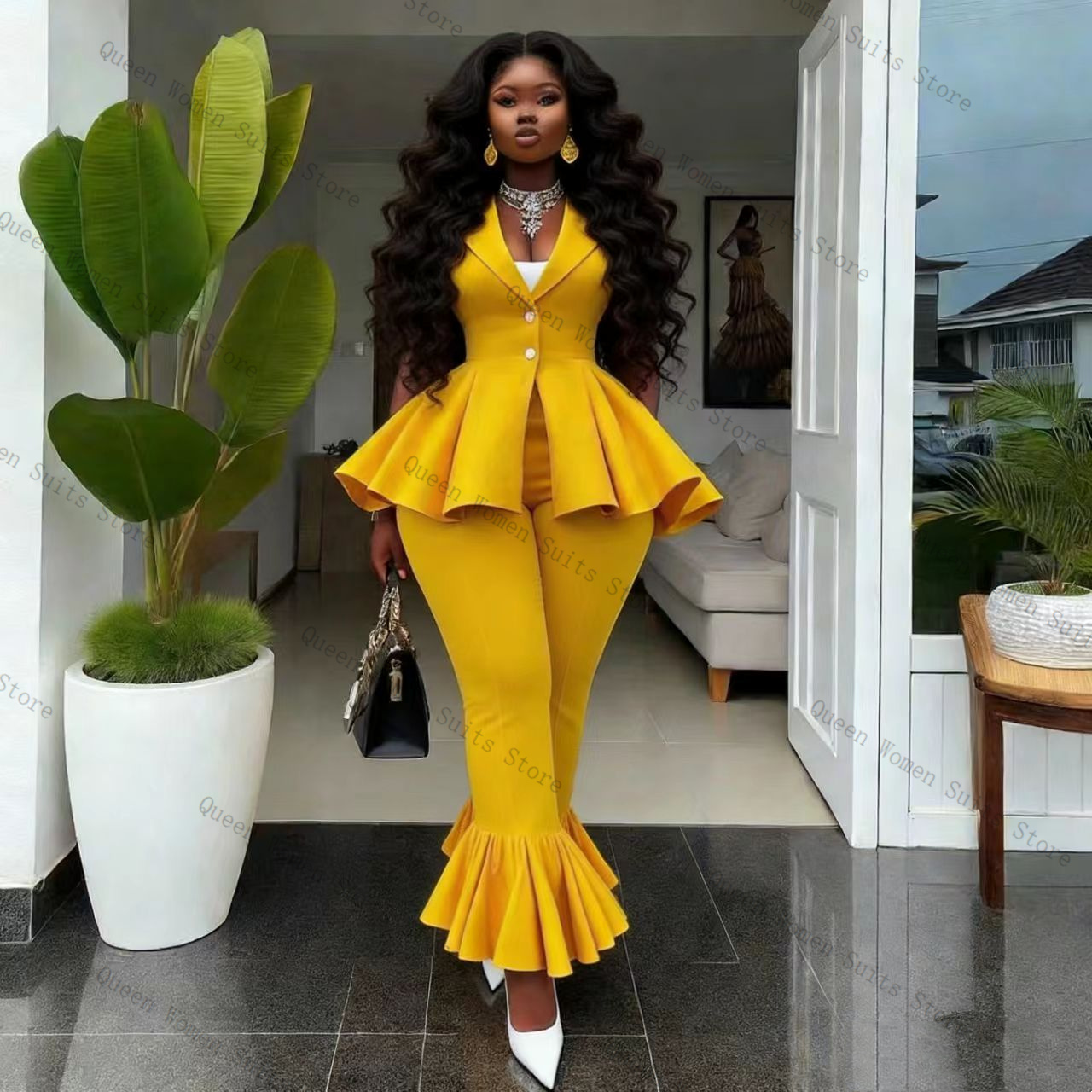 黄色の女性スーツパンツセット 2 個ベスト + パンツ綿プロ - Yellow Formal Wear Women のレビューと価格