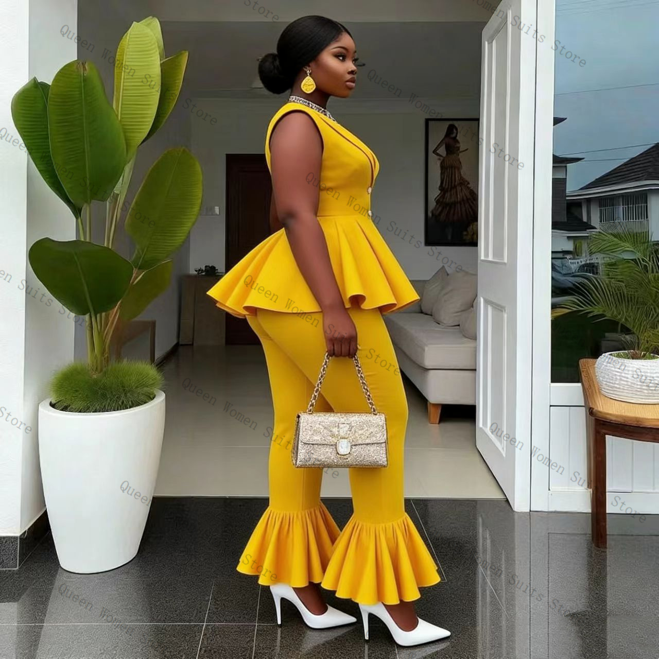 黄色の女性スーツパンツセット 2 個ベスト + パンツ綿プロ - Yellow Formal Wear Women のレビューと価格