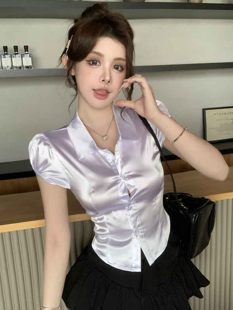 2026年夏セクシーシルクシャツ レディース 韓国ファッショ - Silk Blouse Button のレビューと価格