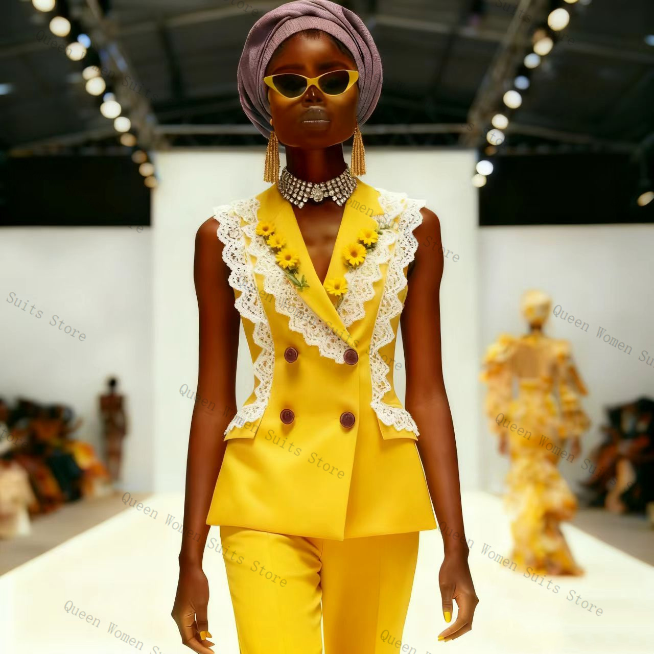 イエローホワイトレース女性スーツパンツセット 2 個ベスト  - Yellow Formal Wear Women のレビューと価格