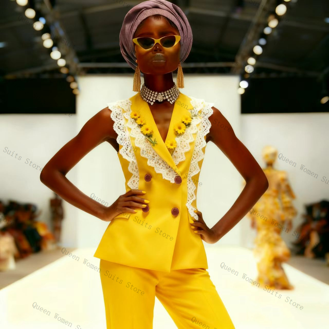 イエローホワイトレース女性スーツパンツセット 2 個ベスト  - Yellow Formal Wear Women のレビューと価格