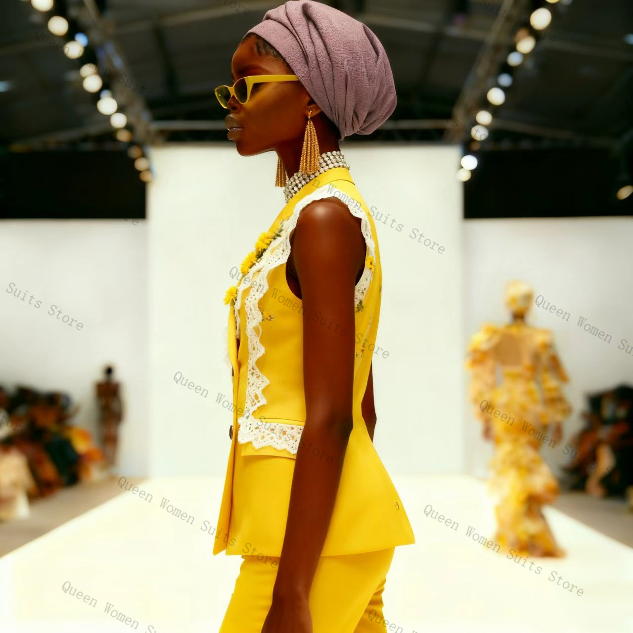 イエローホワイトレース女性スーツパンツセット 2 個ベスト  - Yellow Formal Wear Women のレビューと価格