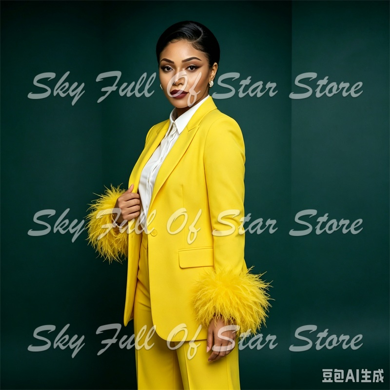 明るい黄色のフェザーカフス女性スーツセット 2 個シングルボ - Yellow Formal Wear Women のレビューと価格