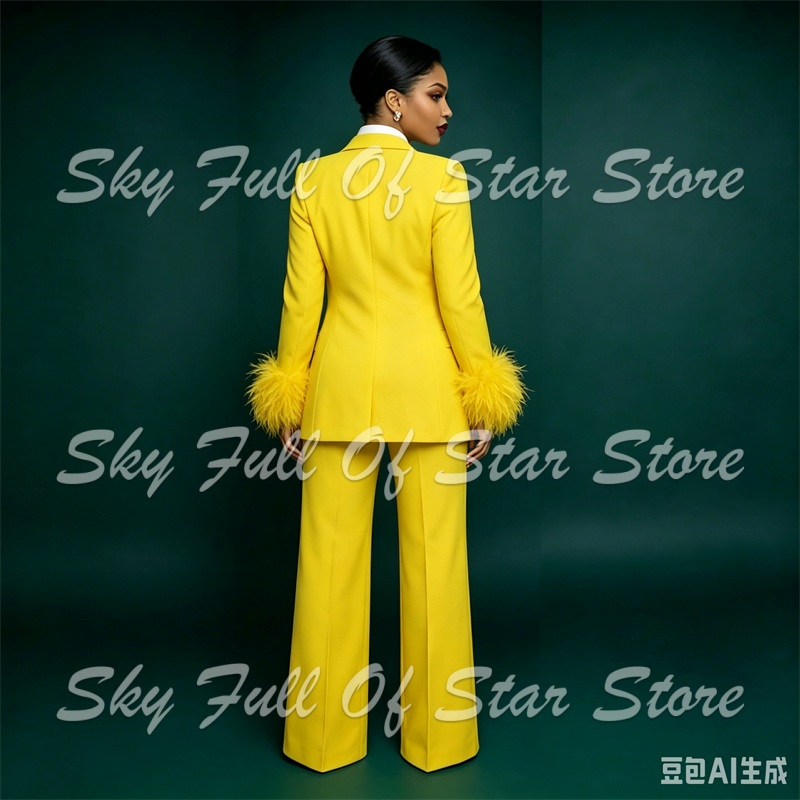 明るい黄色のフェザーカフス女性スーツセット 2 個シングルボ - Yellow Formal Wear Women のレビューと価格