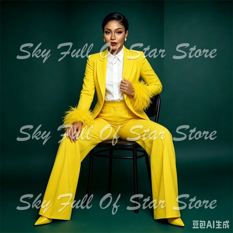 明るい黄色のフェザーカフス女性スーツセット 2 個シングルボ - Yellow Formal Wear Women のレビューと価格