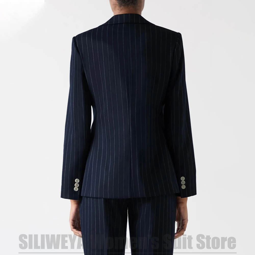 レディース ネイビーブルー ストライプ スーツ ダブルブレス - Women Formal Wear For Meeting のレビューと価格