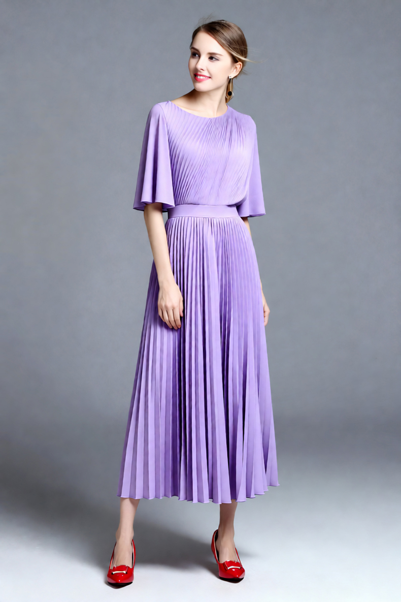 女性用ライラックケープスリーブプリーツミディドレス、ハイネッ - Women'S Formal Wear For A Wedding Guest のレビューと価格