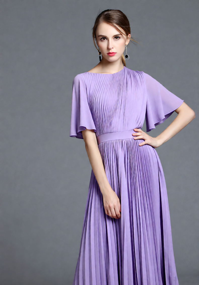 女性用ライラックケープスリーブプリーツミディドレス、ハイネッ - Women'S Formal Wear For A Wedding Guest のレビューと価格