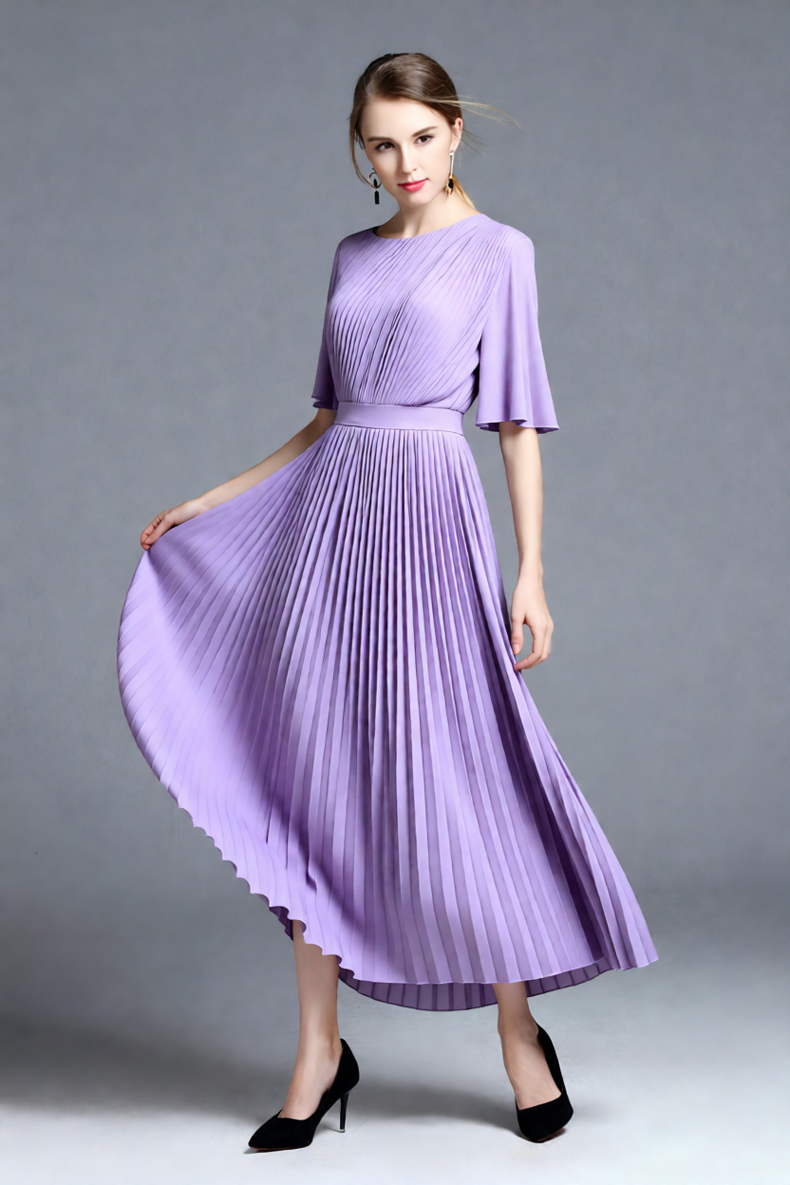 女性用ライラックケープスリーブプリーツミディドレス、ハイネッ - Women'S Formal Wear For A Wedding Guest のレビューと価格