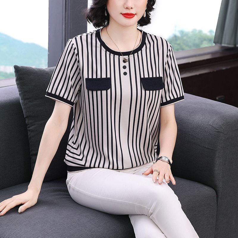 レディース ストライプ アイスシルク Tシャツ 半袖 カジュ - Silk Blouse Button のレビューと価格