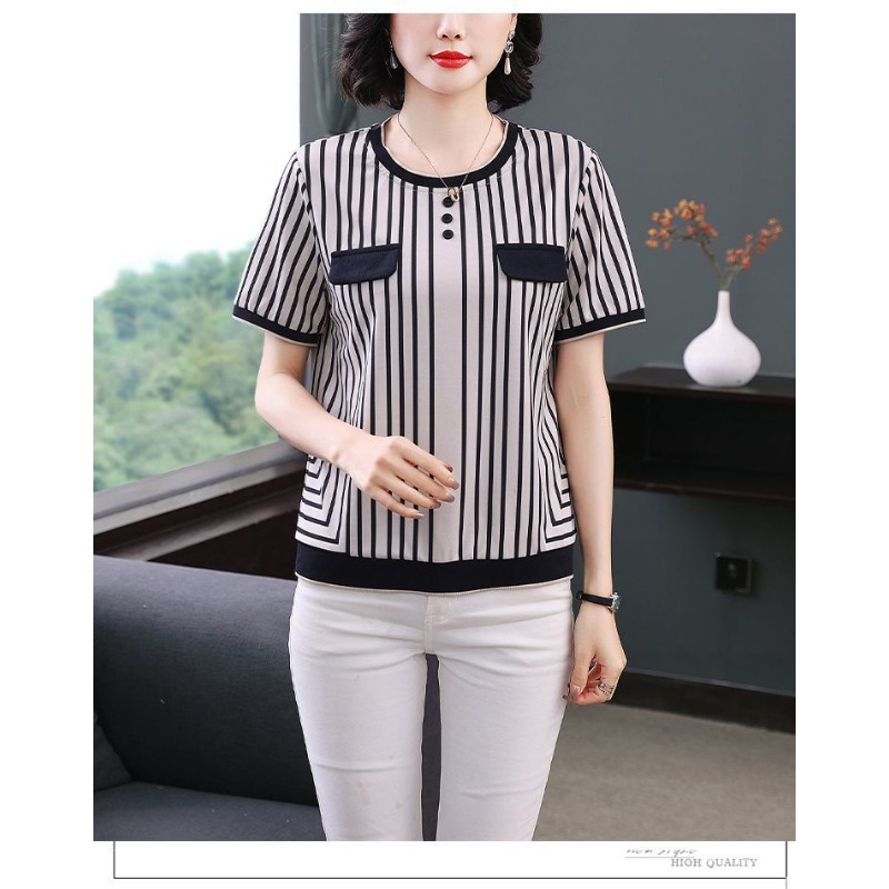 レディース ストライプ アイスシルク Tシャツ 半袖 カジュ - Silk Blouse Button のレビューと価格