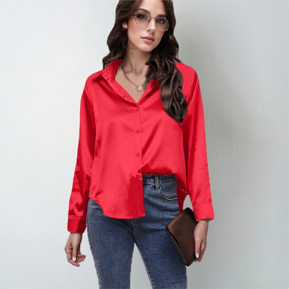 春サテンシャツ女性ルーズボタンアップ赤ブラウスシャツレディー - Silk Blouse Button のレビューと価格