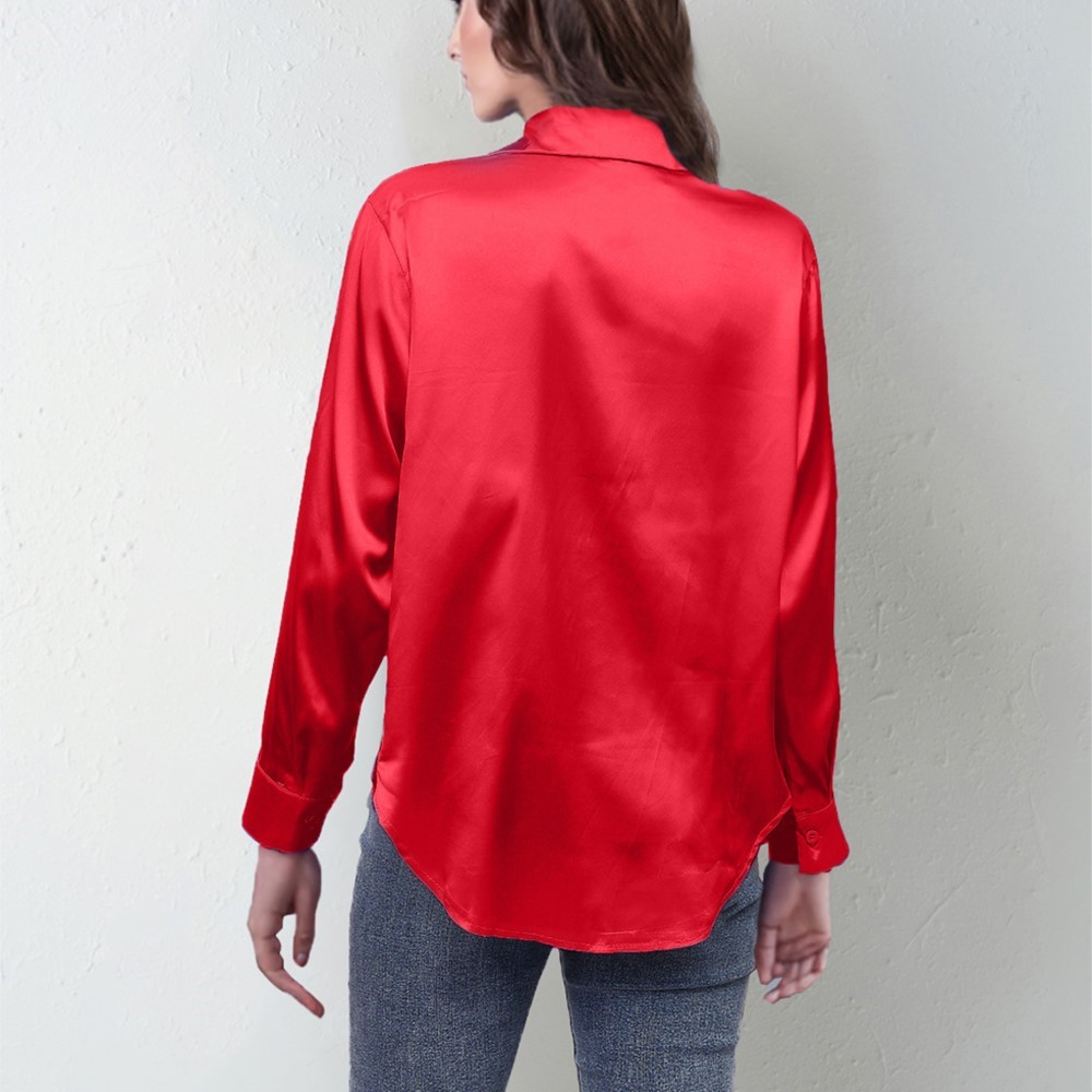 春サテンシャツ女性ルーズボタンアップ赤ブラウスシャツレディー - Silk Blouse Button のレビューと価格