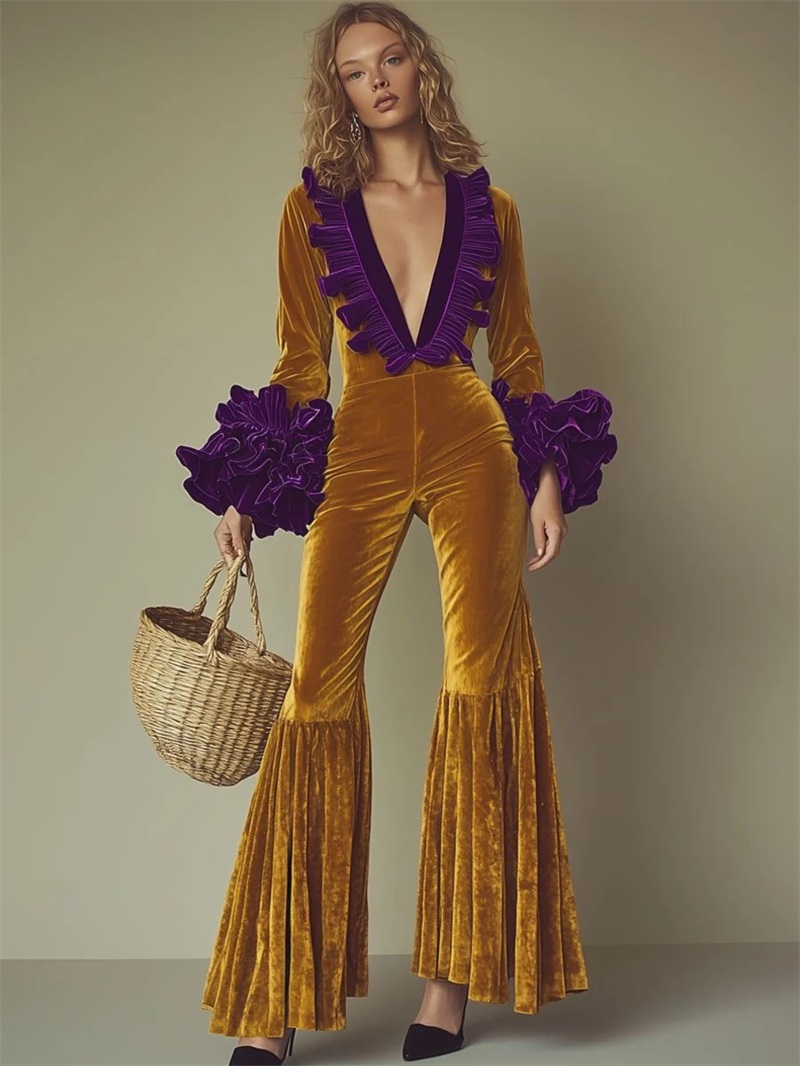 黄色紫ベルベット女性ジャンプスーツセクシーな V ネックフル - Yellow Formal Wear Women のレビューと価格