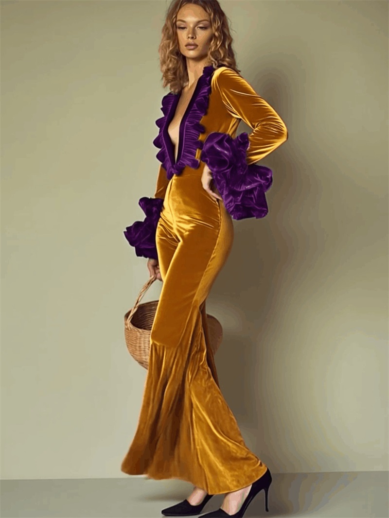 黄色紫ベルベット女性ジャンプスーツセクシーな V ネックフル - Yellow Formal Wear Women のレビューと価格