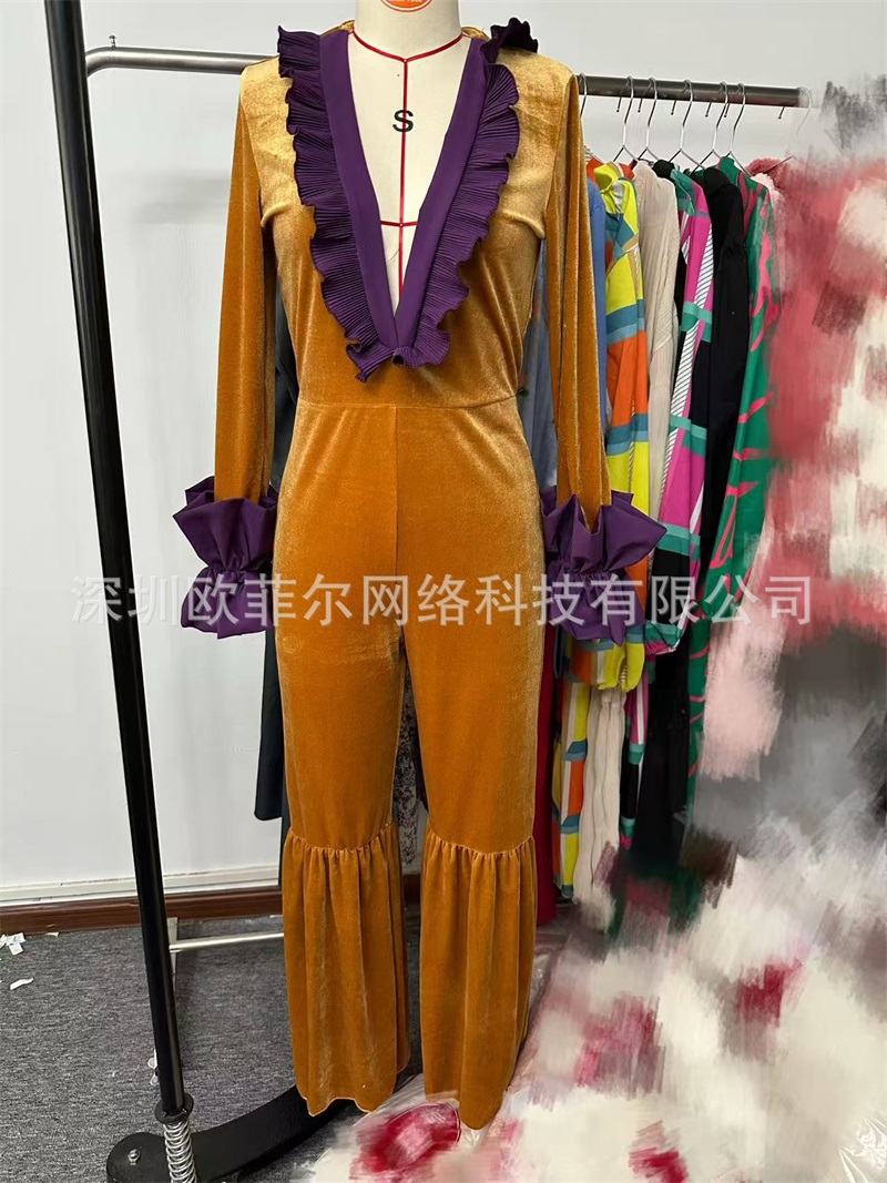 黄色紫ベルベット女性ジャンプスーツセクシーな V ネックフル - Yellow Formal Wear Women のレビューと価格