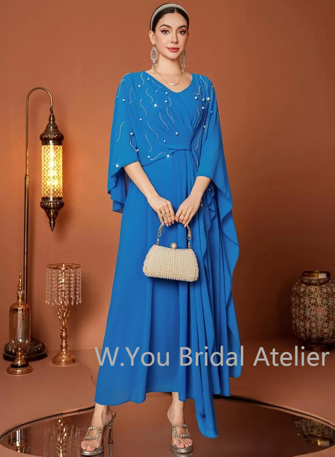 豪華なイブニングドレス Vネック ケープスリーブ ビーズとラ - Women'S Formal Wear For A Wedding Guest のレビューと価格