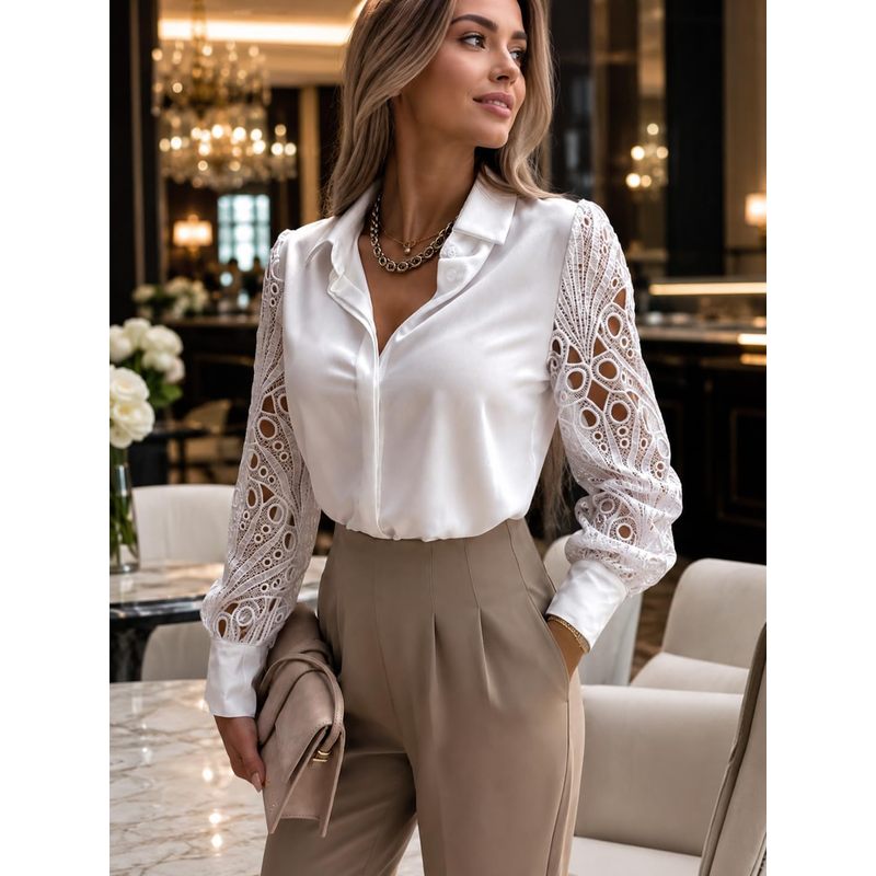 女性用ボタンダウンサテンブラウス、中空カットアウトレース長袖 - Women Formal Wear For Meeting のレビューと価格