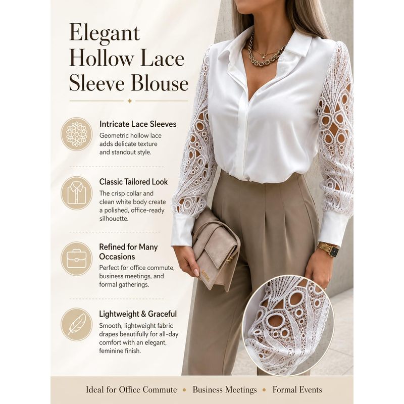 女性用ボタンダウンサテンブラウス、中空カットアウトレース長袖 - Women Formal Wear For Meeting のレビューと価格